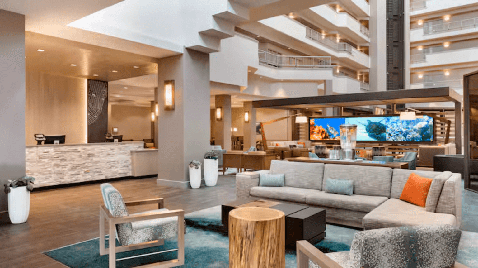 Interior lobby of the Embassy Suites Monterey Bay Seaside